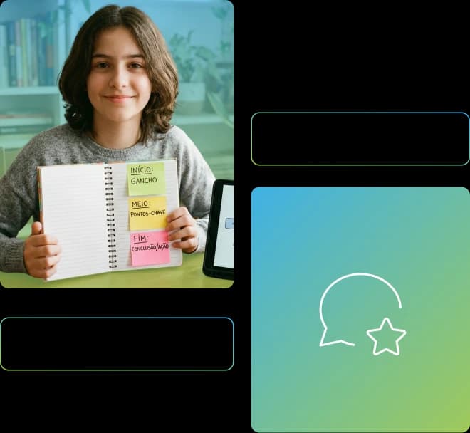 Menina segura um caderno com post-its enquanto sorri olhando diretamente para a câmera.