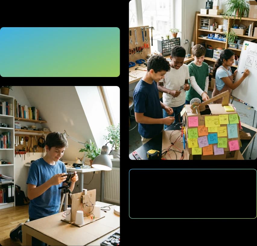 Mosáico com duas fotos. Na primeira, um menino esta ajoelhado filmando um dispositivo feito com papelão, copos descartáveis e fios. Na segunda, um grupo de quatro jovens está reunido em volta de um dispositivo feito com papelão, engrenagens e fios.