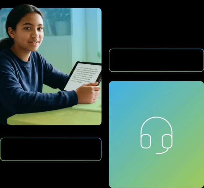 Menina segura um tablet enquanto olha para a câmera com uma expressão leve.