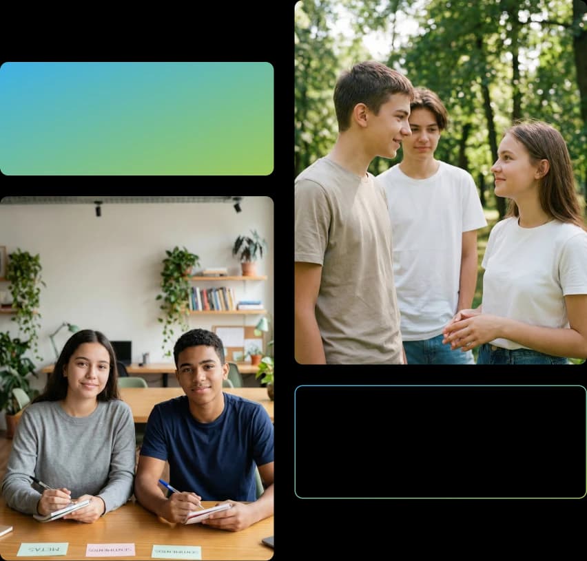 Mosáico com duas fotos. Na primeira, dois jovens, sentados e segurando cadernos de anotações, sorriem levemente olhando para a câmera. Na segunda, três jovens conversam em roda em um local arborizado.