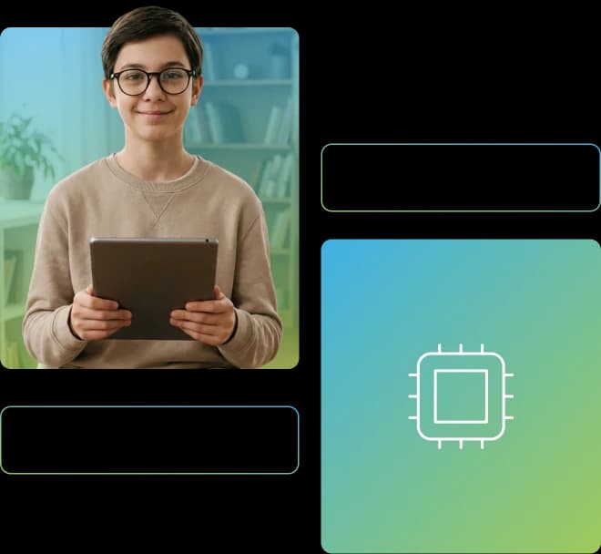 Menino segurando um tablet enquanto olha diretamente para a câmera.