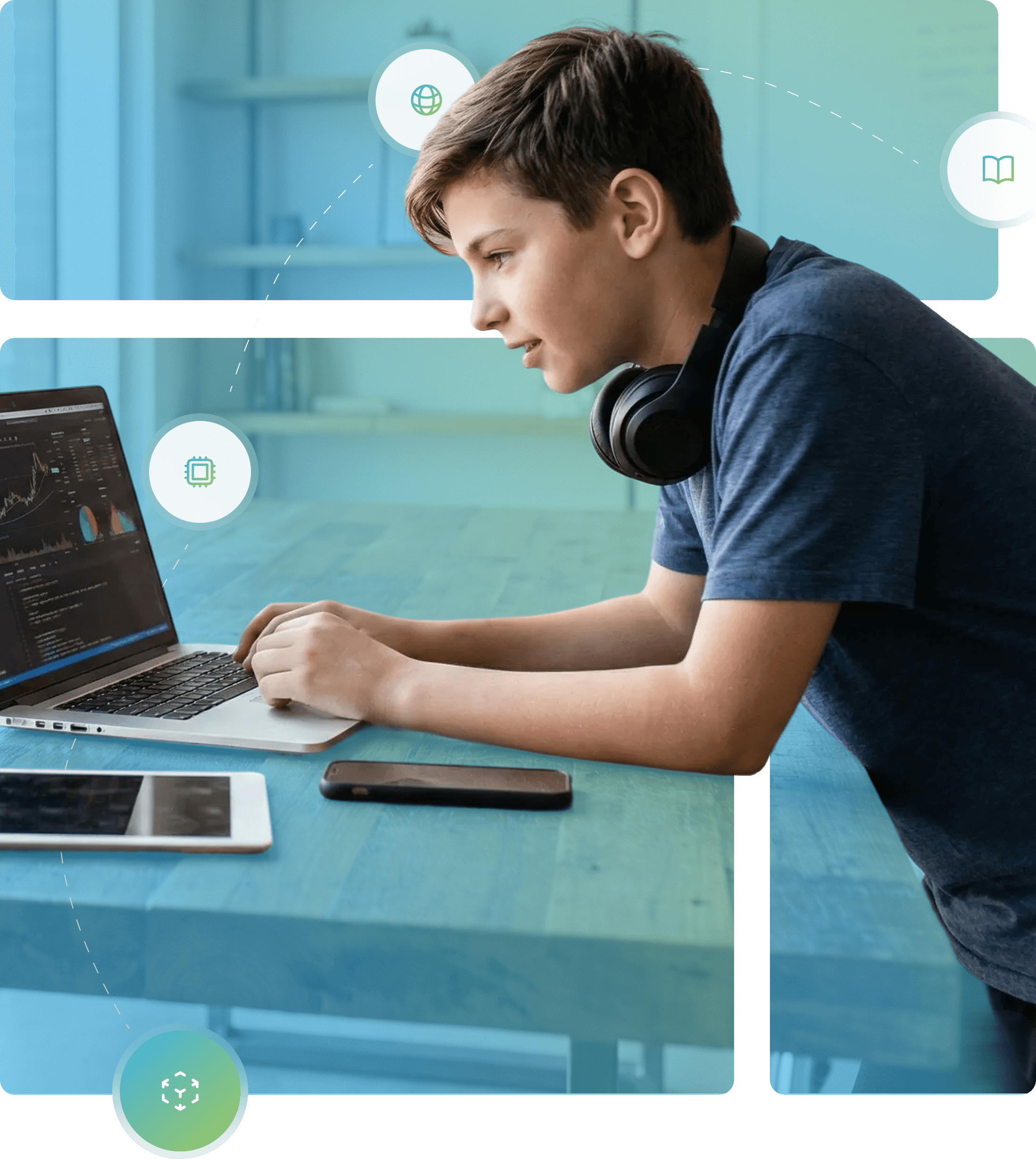 Menino observando gráficos em um laptop